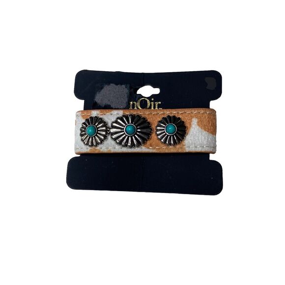 Noir Cowhide Cow Flower Turquoise Wide Wrap Leather Bracelet Cuff Wristband New - Picture 1 of 4